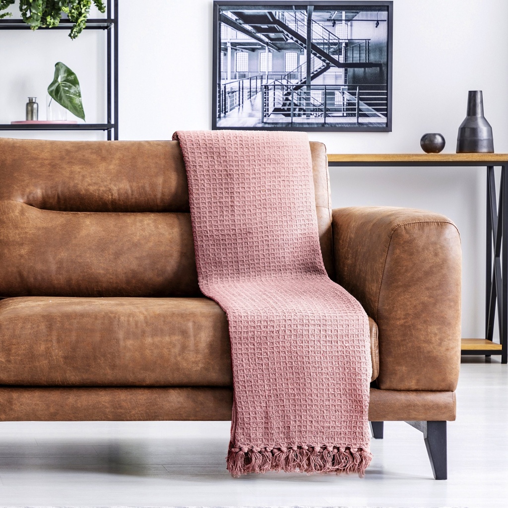 Waffle Recycled Cotton Throw in Blush Pink - Image 6