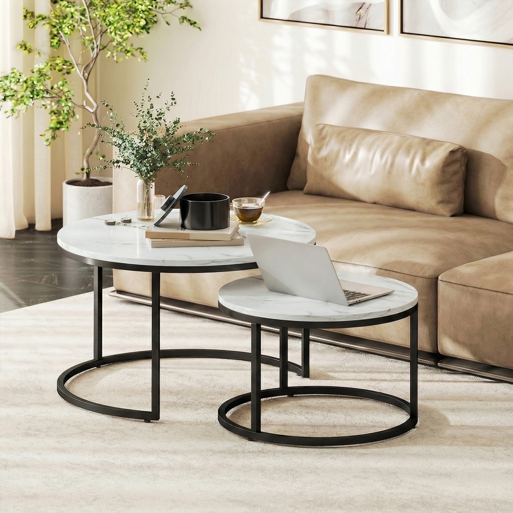 HOMCOM Marble-Effect Stacking Tables Set of 2 - White - Photo 2