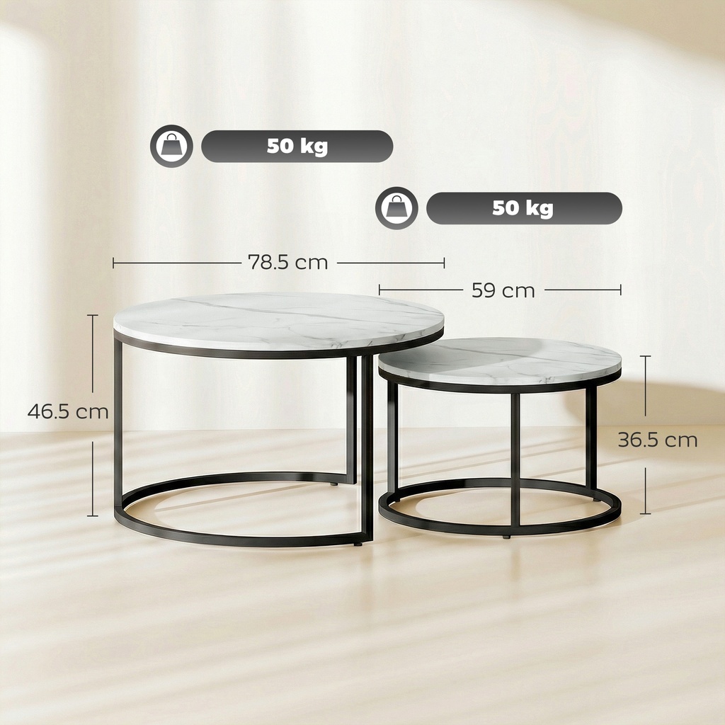 HOMCOM Marble-Effect Stacking Tables Set of 2 - White - Photo 3