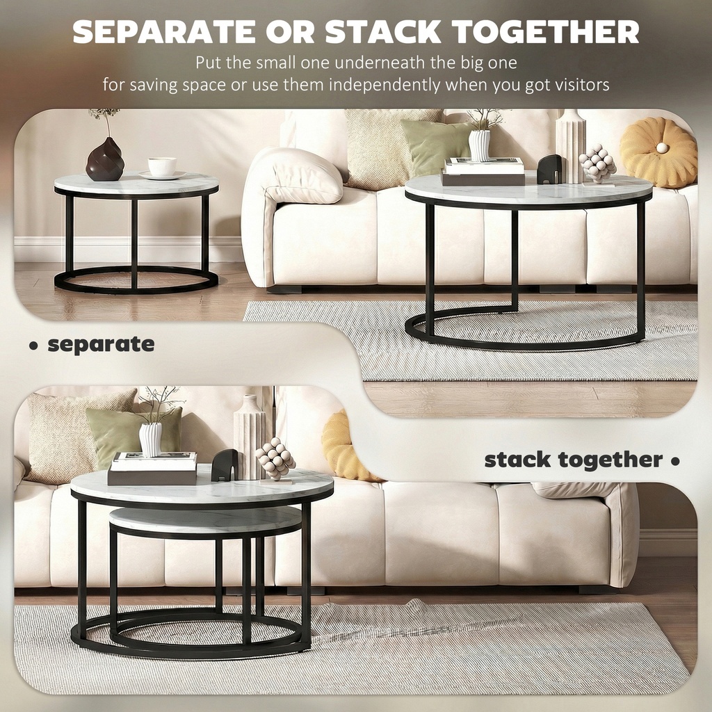 HOMCOM Marble-Effect Stacking Tables Set of 2 - White - Photo 5