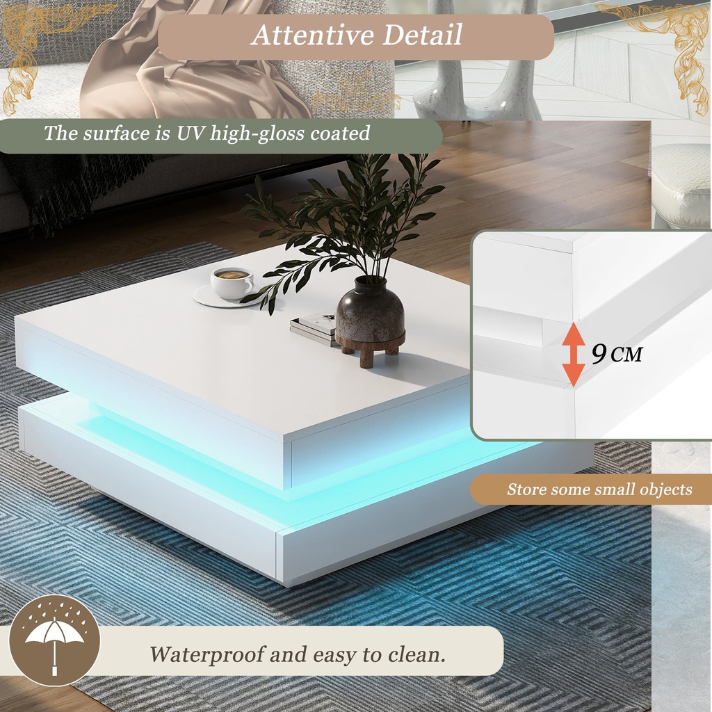 High Gloss Round Coffee Table with Rotating Top and 16-Colour LED Light, White - Photo 4