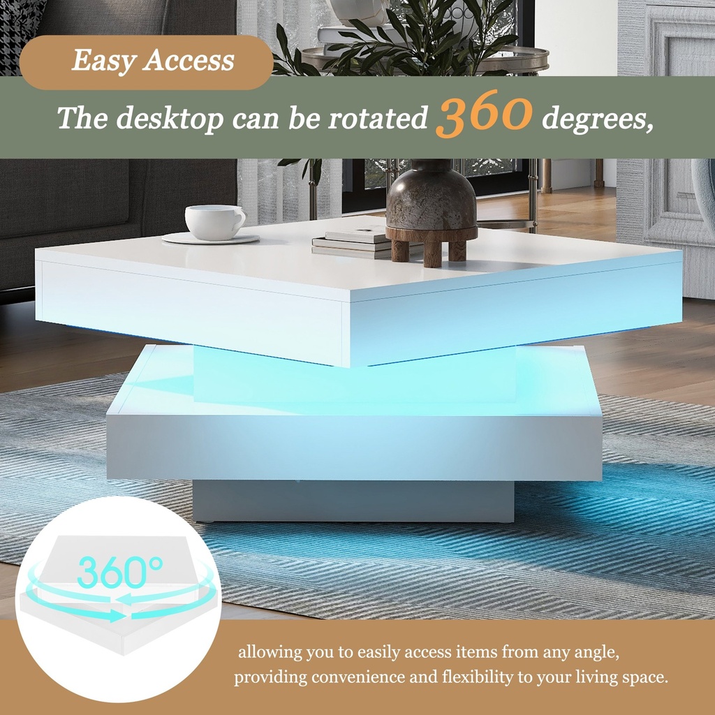 High Gloss Round Coffee Table with Rotating Top and 16-Colour LED Light, White - Photo 5