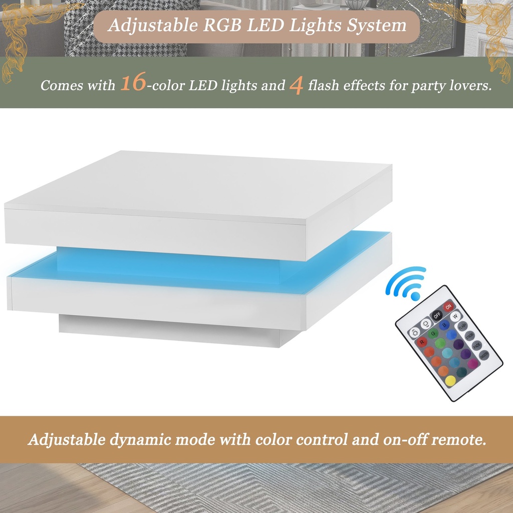 High Gloss Round Coffee Table with Rotating Top and 16-Colour LED Light, White - Photo 6