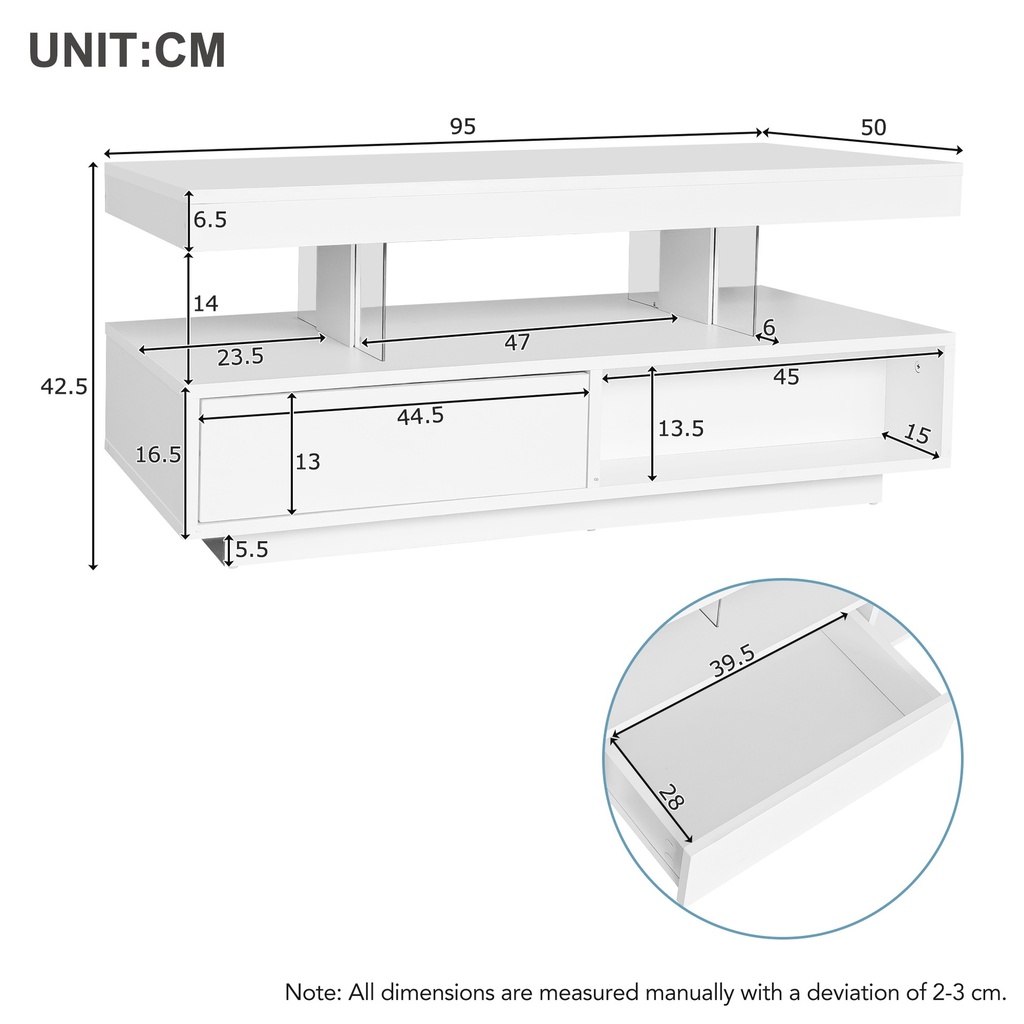 LED Coffee Table with 2 Drawer Storage, White - Photo 3