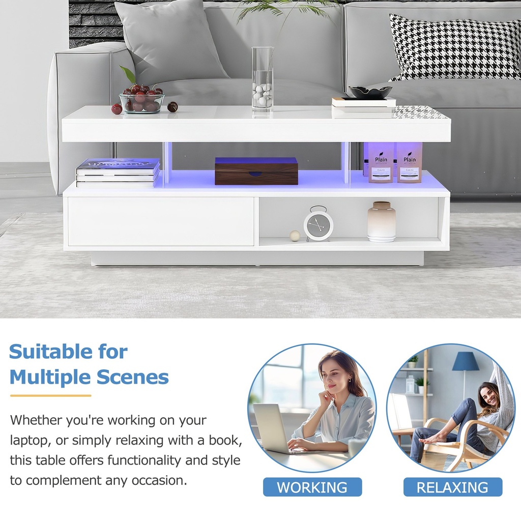 LED Coffee Table with 2 Drawer Storage, White - Photo 5