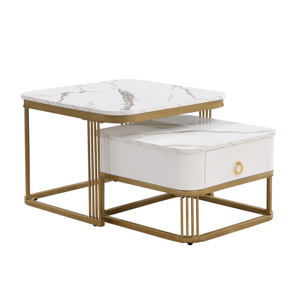 Set of 2 Nesting Coffee Table with High Gloss Top, White - Photo 2