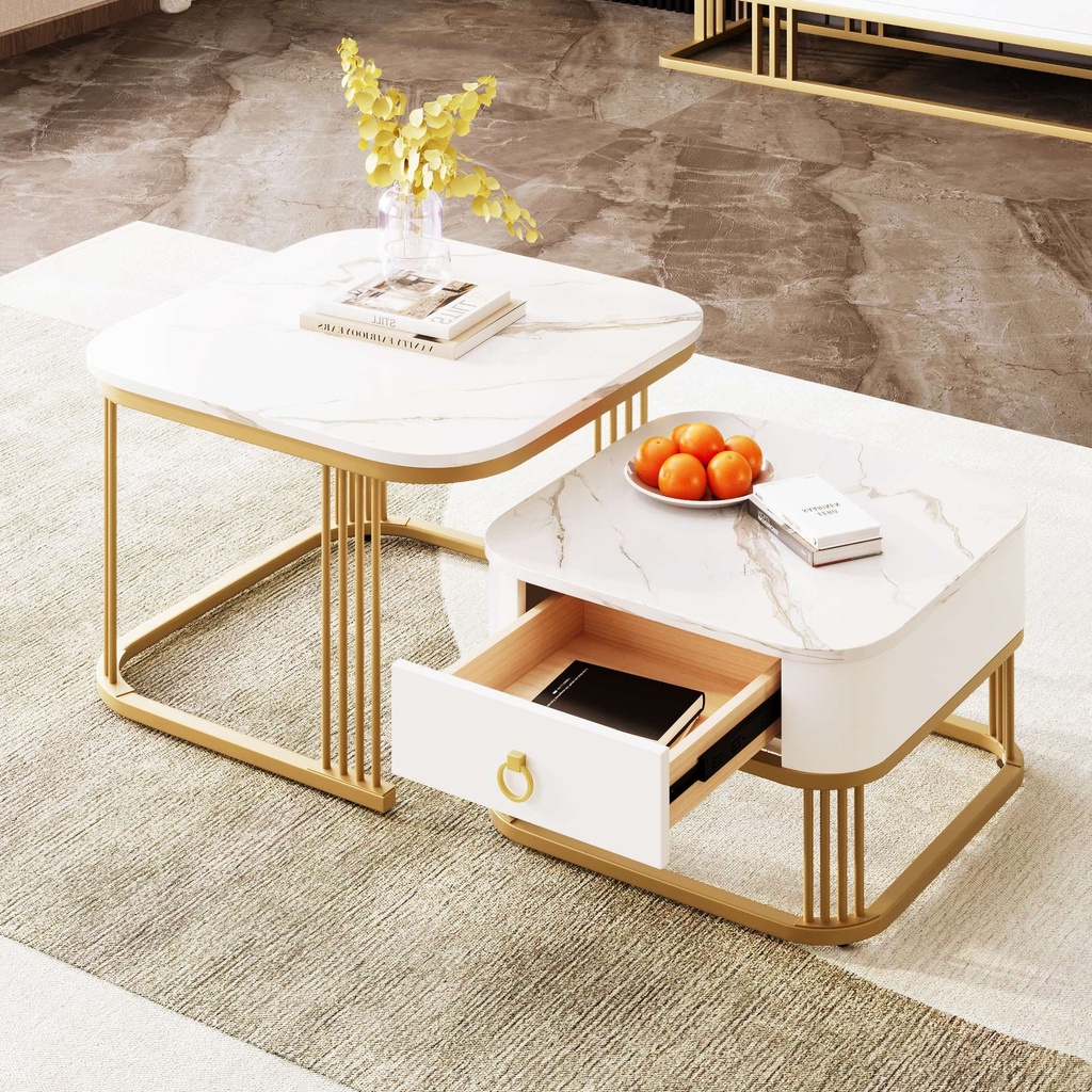 Set of 2 Nesting Coffee Table with High Gloss Top, White - Photo 4