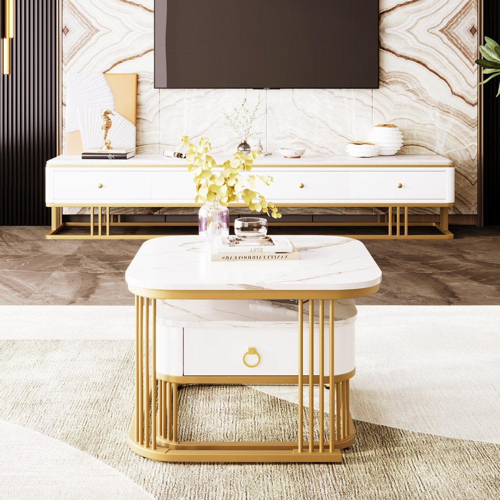 Set of 2 Nesting Coffee Table with High Gloss Top, White - Photo 5