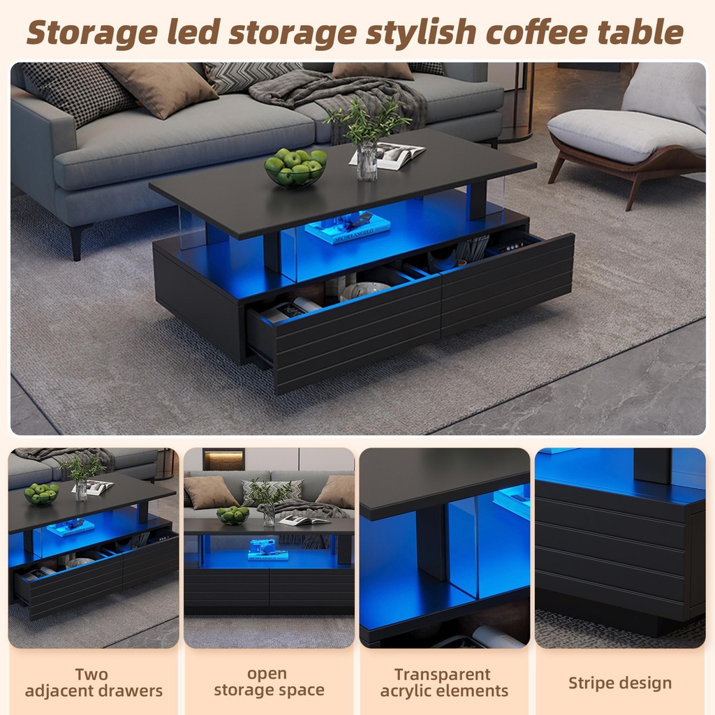 Modern Coffee Table with App-Controlled LED, Black - Photo 4