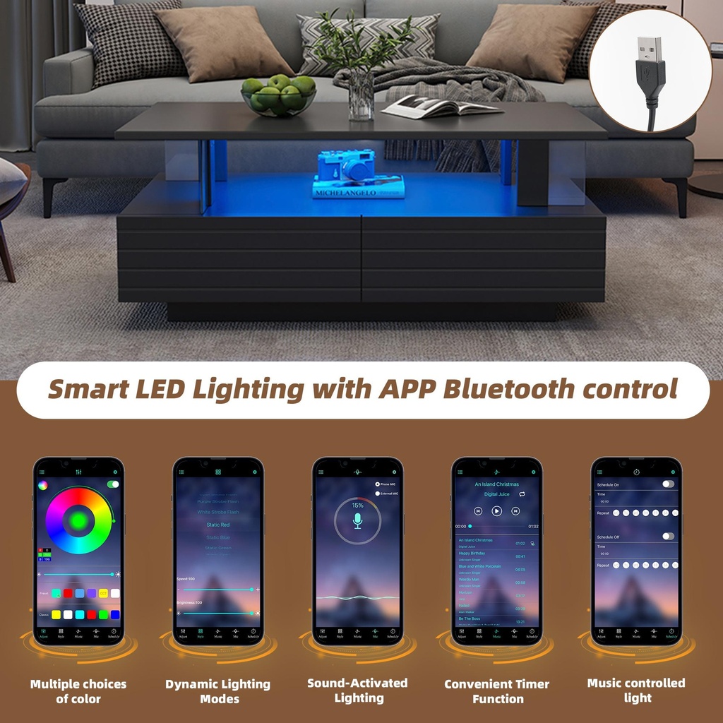 Modern Coffee Table with App-Controlled LED, Black - Photo 5