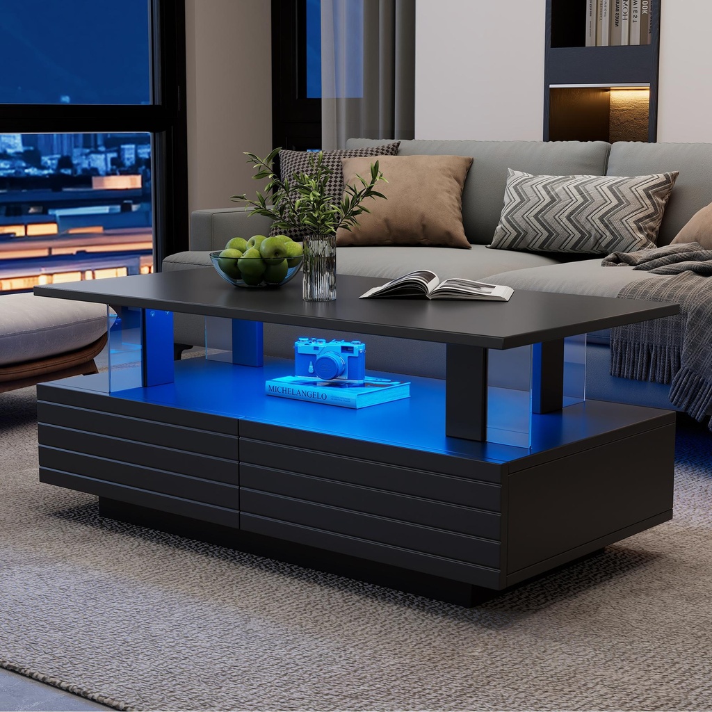 Modern Coffee Table with App-Controlled LED, Black - Photo 6