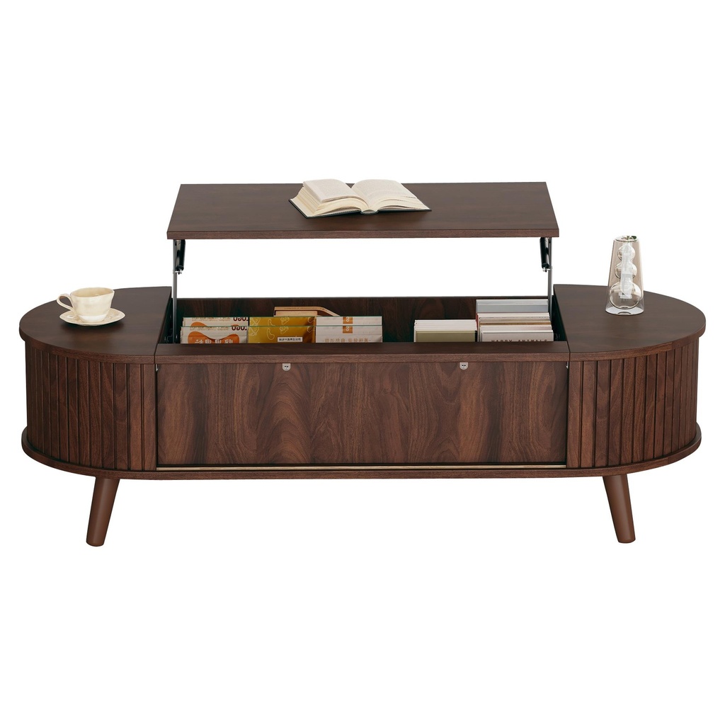 Lift-Up Oval Coffee Table with Hidden Storage and Roller-Shutter Doors, 120L x 50W x 39.5H cm, Wood - Photo 2