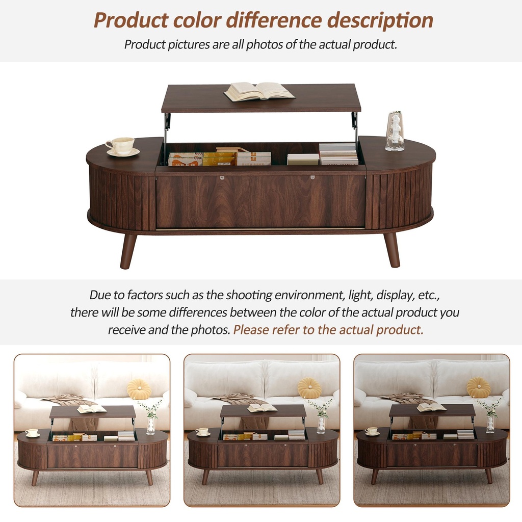 Lift-Up Oval Coffee Table with Hidden Storage and Roller-Shutter Doors, 120L x 50W x 39.5H cm, Wood - Photo 5