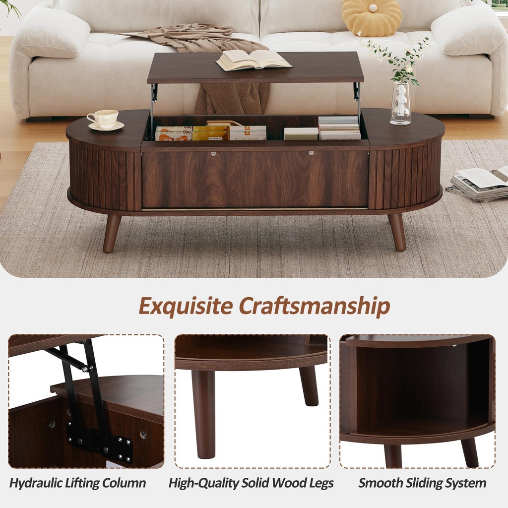 Lift-Up Oval Coffee Table with Hidden Storage and Roller-Shutter Doors, 120L x 50W x 39.5H cm, Wood - Photo 6
