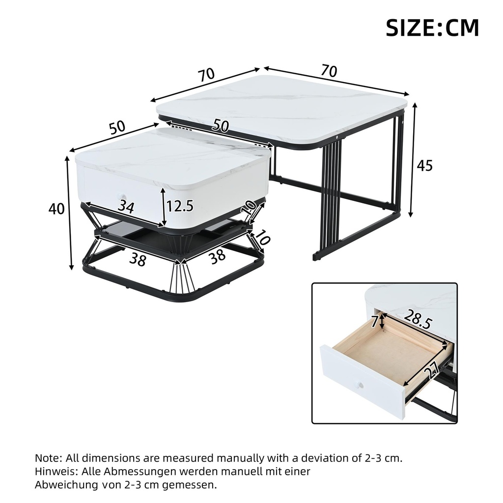 Nesting Coffee Table Set with Open Storage Shelf, 70L x 70W x 45H cm, White+Black - Photo 3