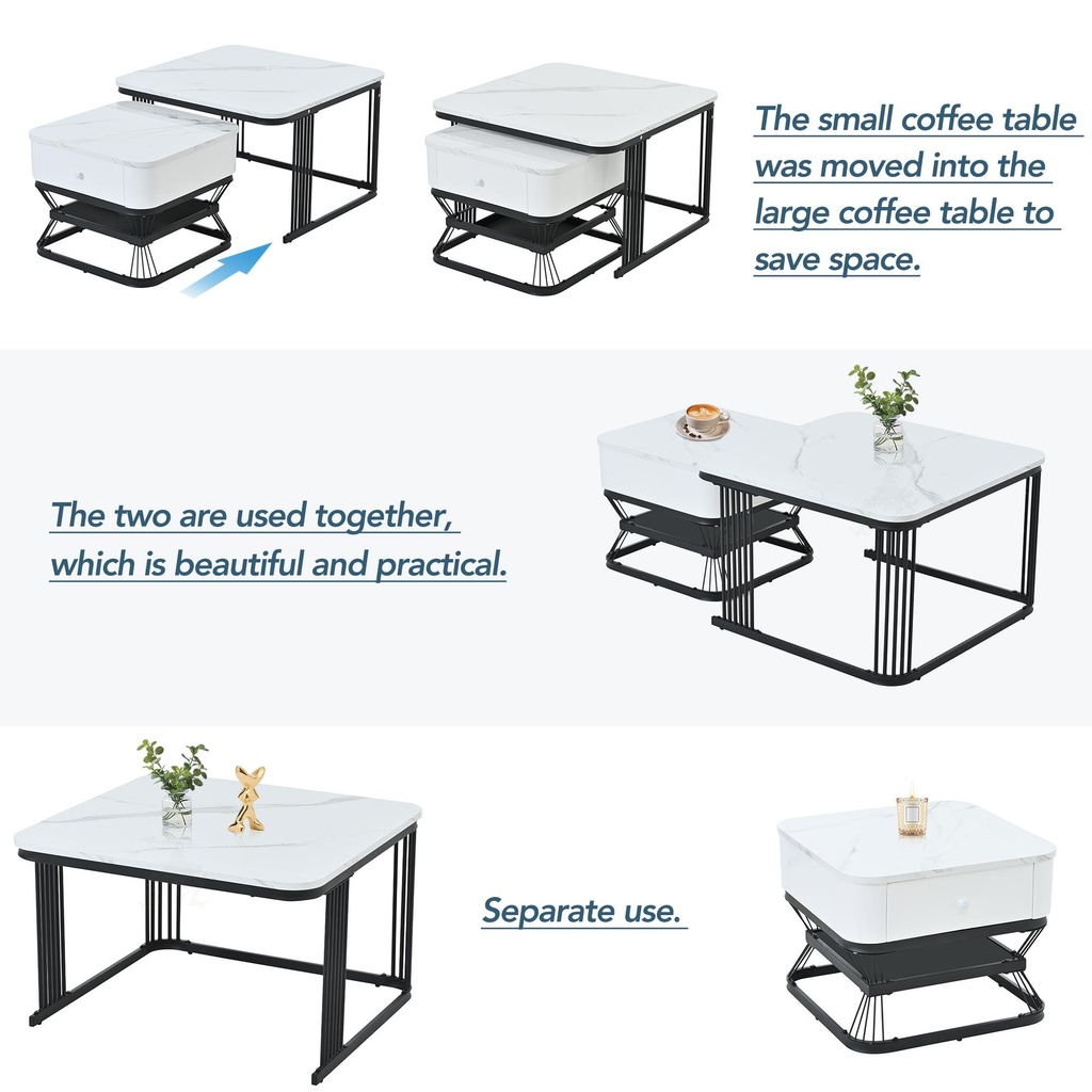 Nesting Coffee Table Set with Open Storage Shelf, 70L x 70W x 45H cm, White+Black - Photo 4