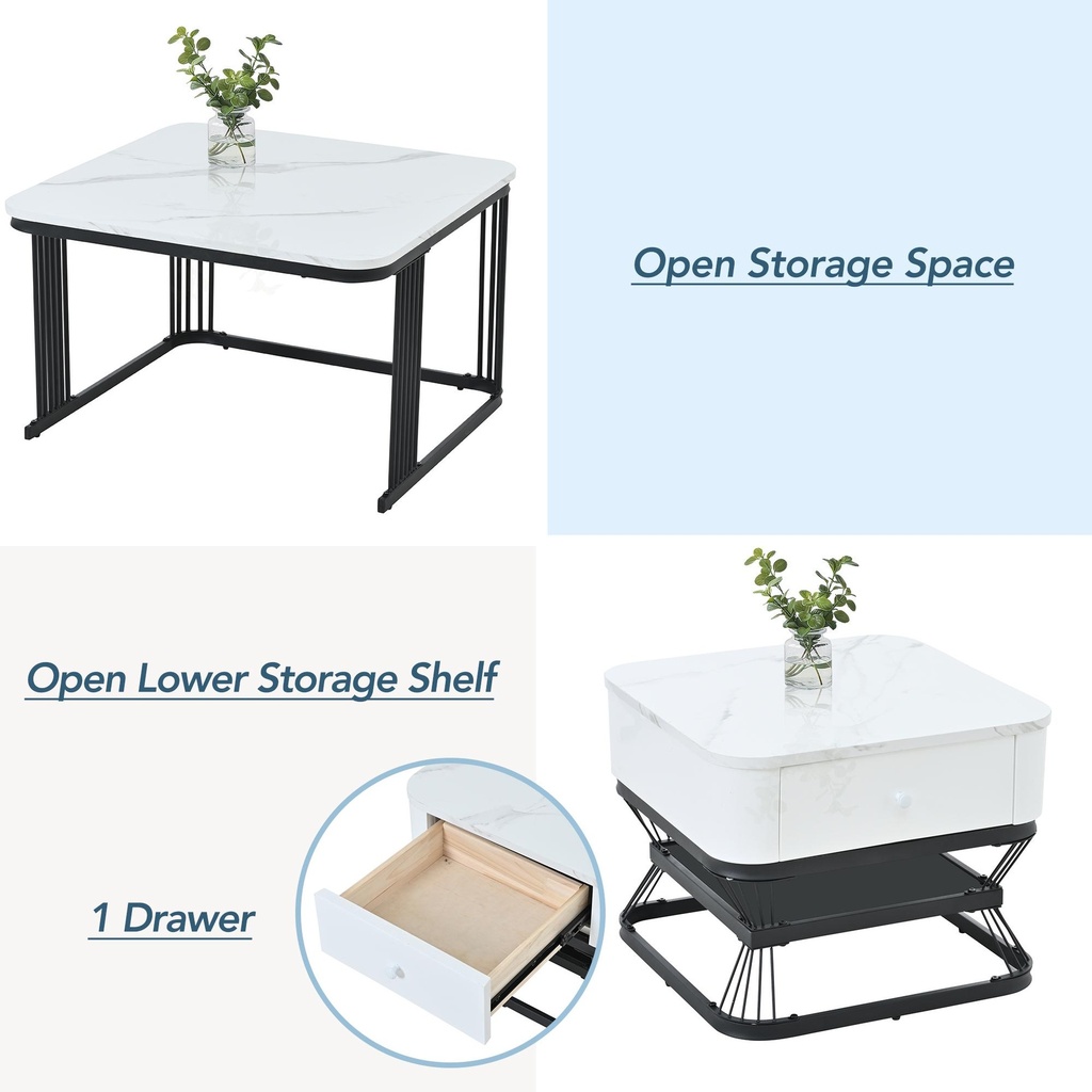 Nesting Coffee Table Set with Open Storage Shelf, 70L x 70W x 45H cm, White+Black - Photo 5