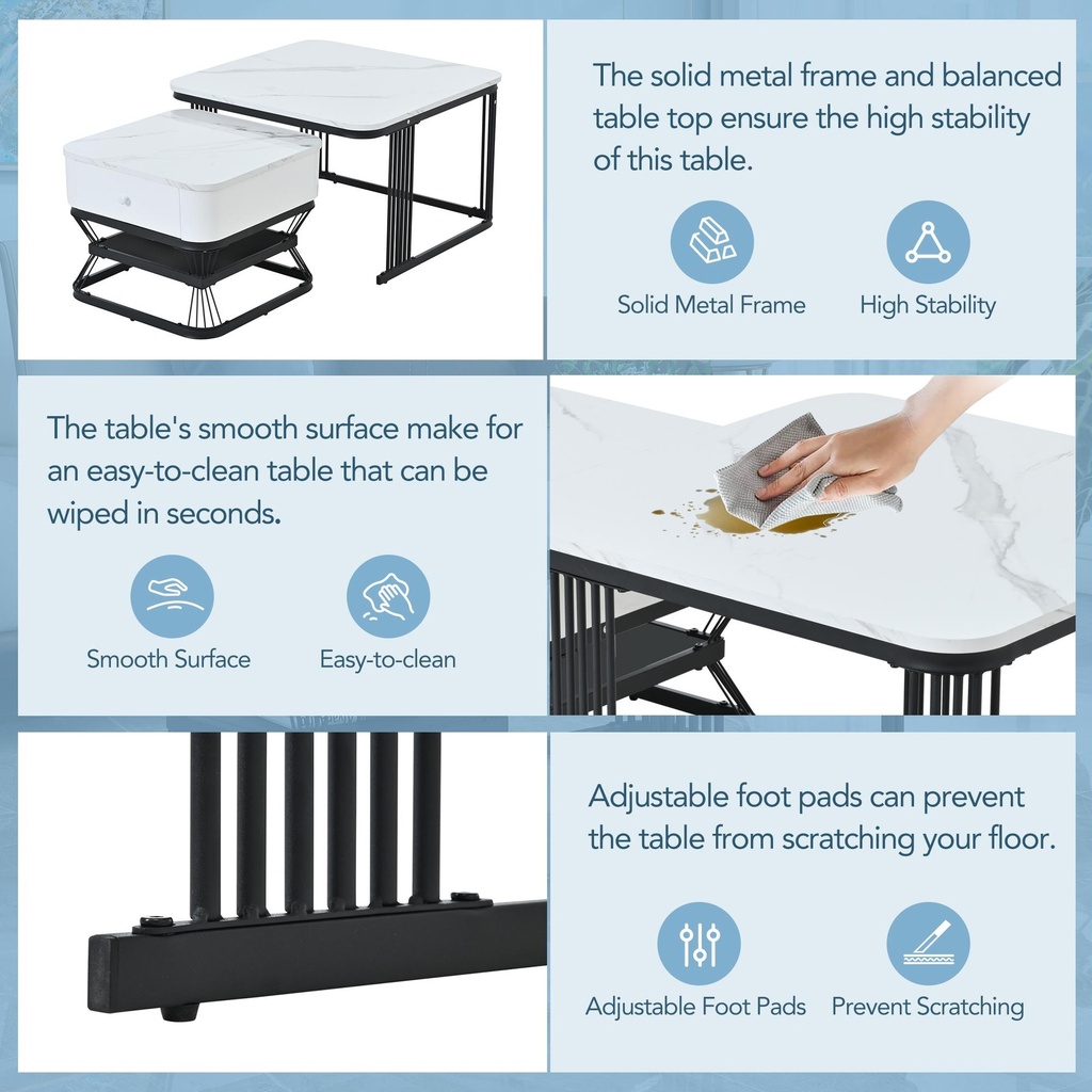 Nesting Coffee Table Set with Open Storage Shelf, 70L x 70W x 45H cm, White+Black - Photo 6