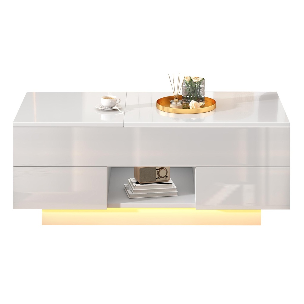 Lift-Top Coffee Table with App-Controlled RGB LED Lights, 100L x 45W x 43H cm, White - Photo 2