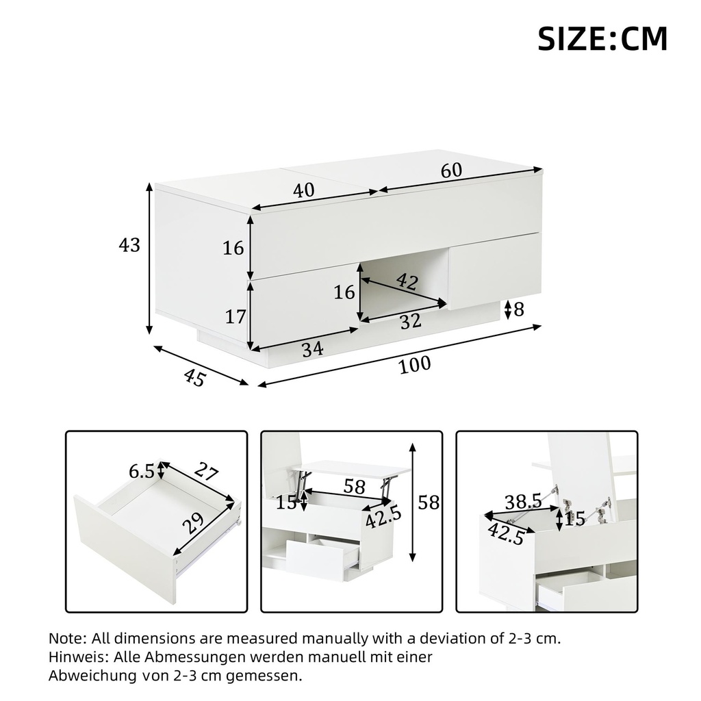 Lift-Top Coffee Table with App-Controlled RGB LED Lights, 100L x 45W x 43H cm, White - Photo 3