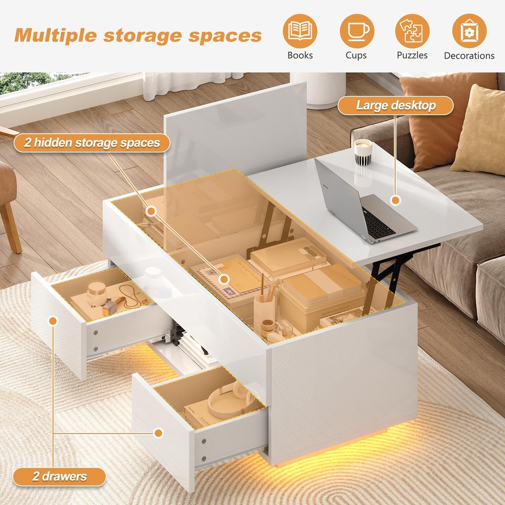 Lift-Top Coffee Table with App-Controlled RGB LED Lights, 100L x 45W x 43H cm, White - Photo 6