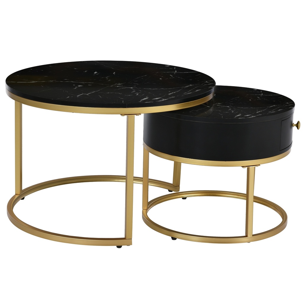 Round Nesting Coffee Tables with Storage Drawer, Black - Photo 2