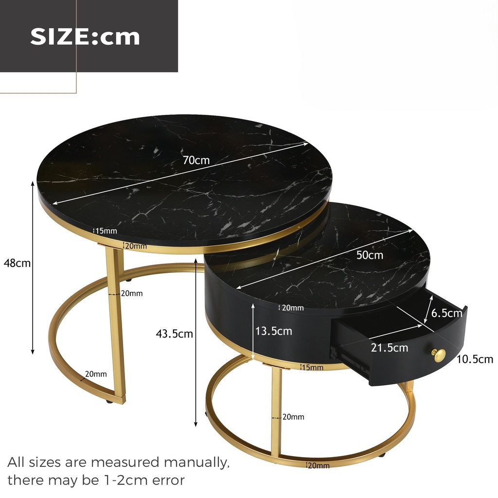 Round Nesting Coffee Tables with Storage Drawer, Black - Photo 3