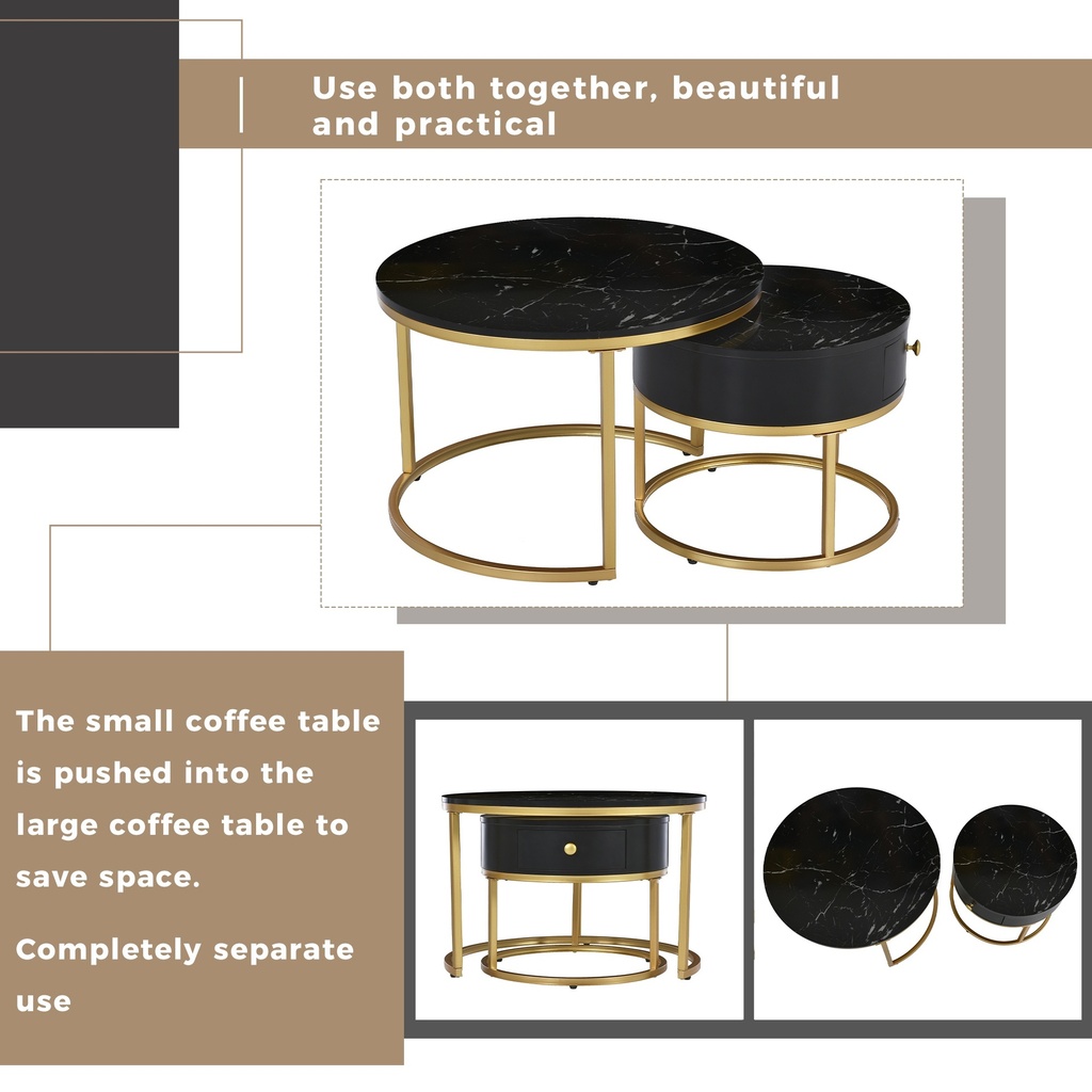 Round Nesting Coffee Tables with Storage Drawer, Black - Photo 4