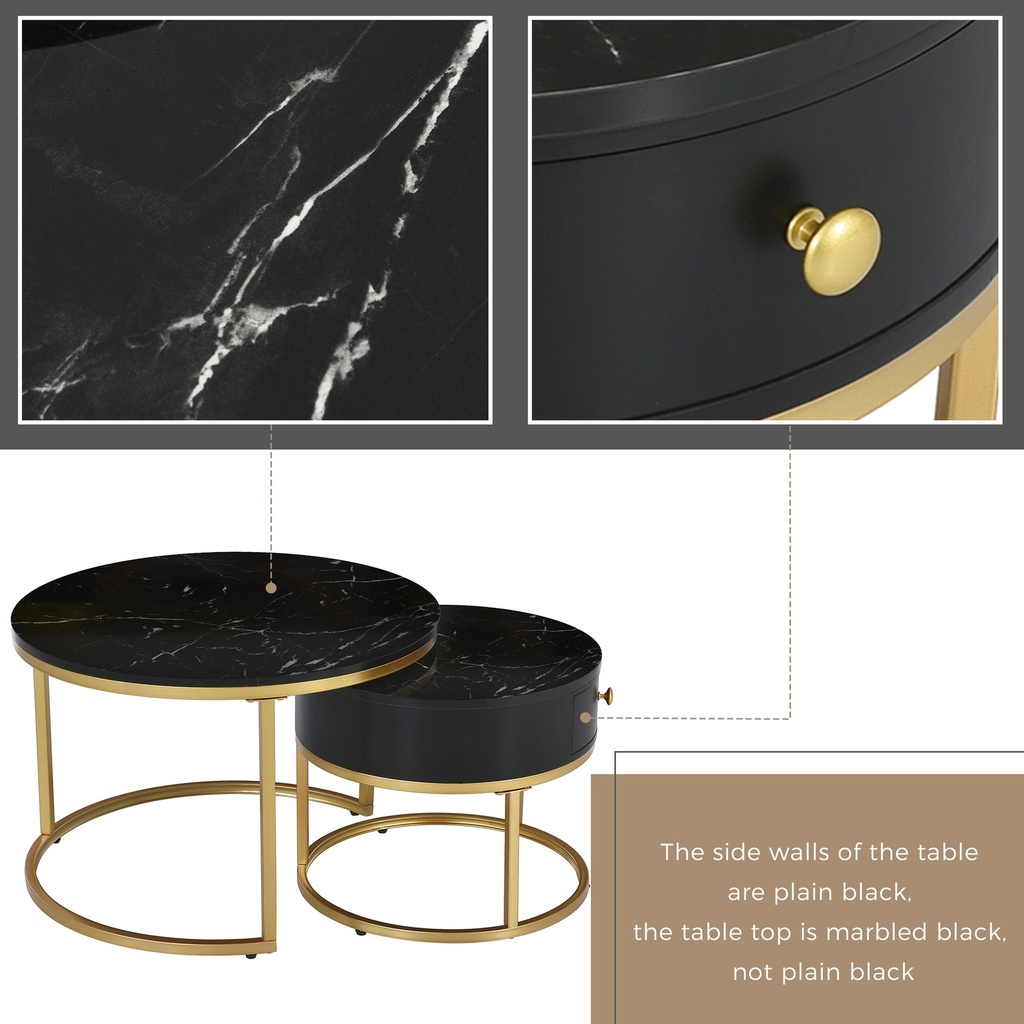 Round Nesting Coffee Tables with Storage Drawer, Black - Photo 6