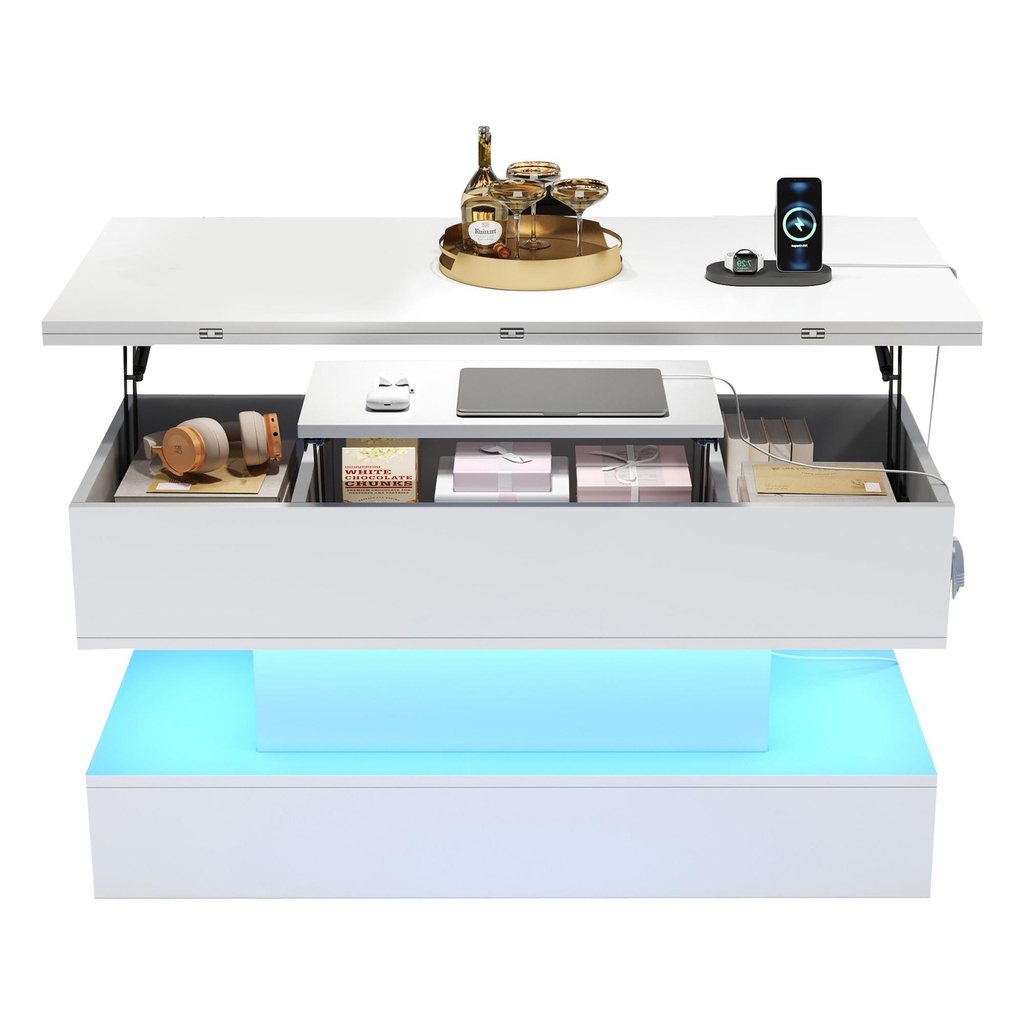 Multifunctional White Coffee Table with Integral Power Outlet, 100L x 50W x 51.5H cm, White - Photo 2