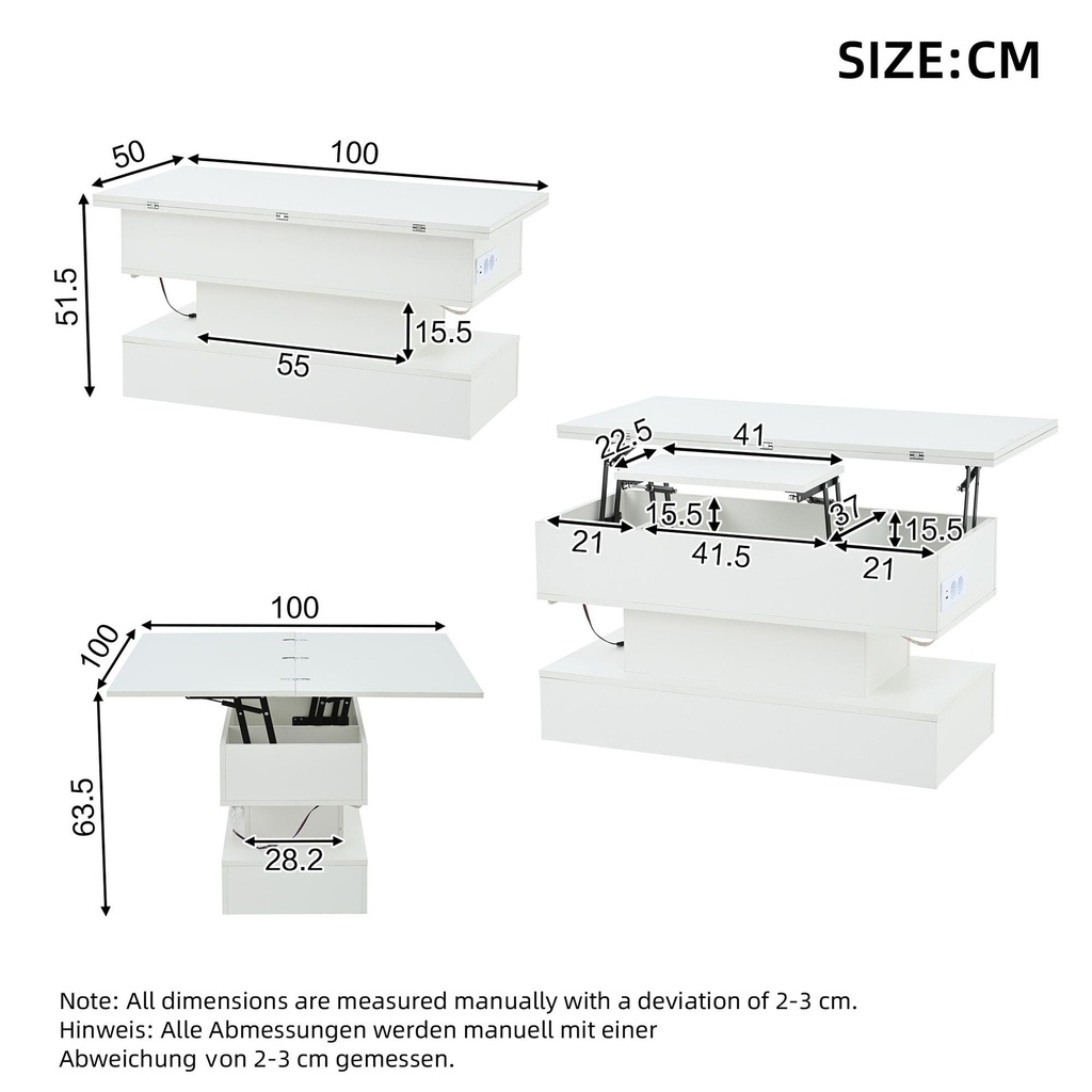 Multifunctional White Coffee Table with Integral Power Outlet, 100L x 50W x 51.5H cm, White - Photo 3