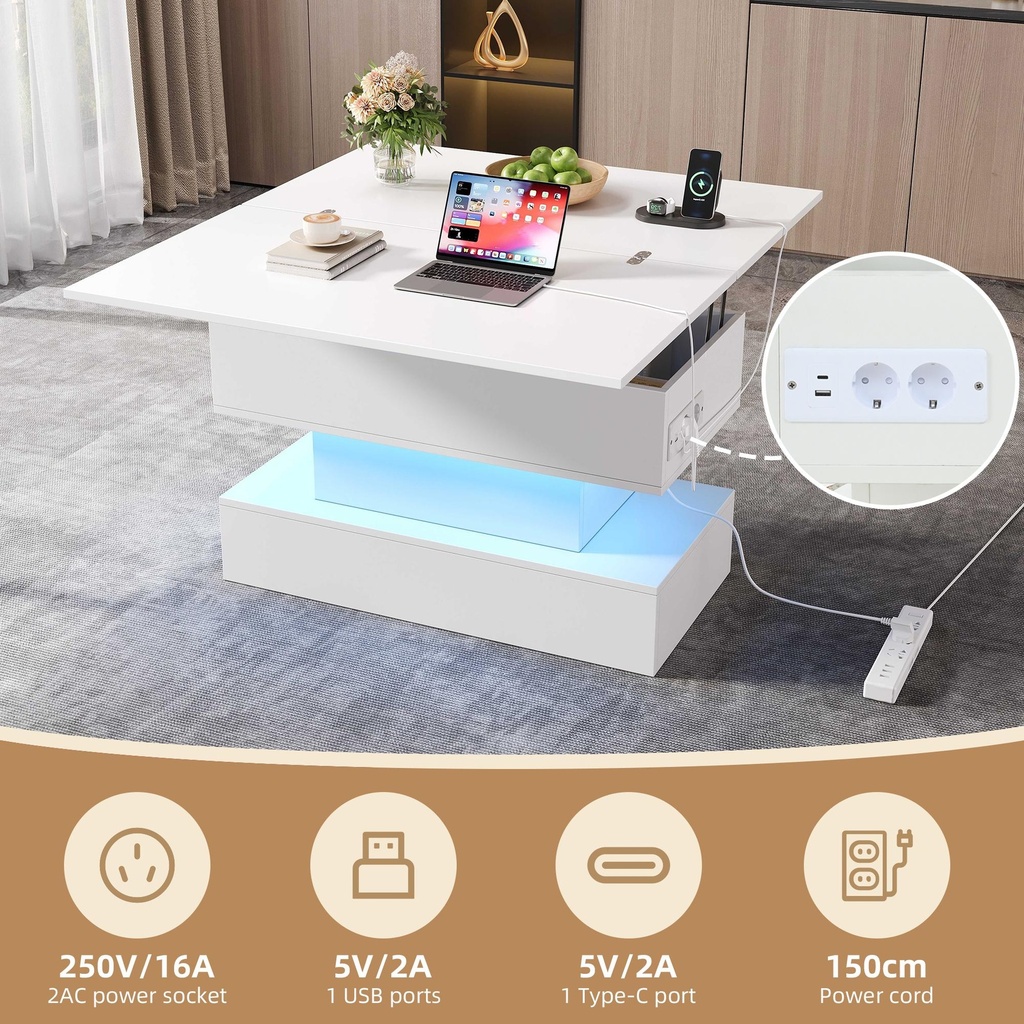 Multifunctional White Coffee Table with Integral Power Outlet, 100L x 50W x 51.5H cm, White - Photo 4