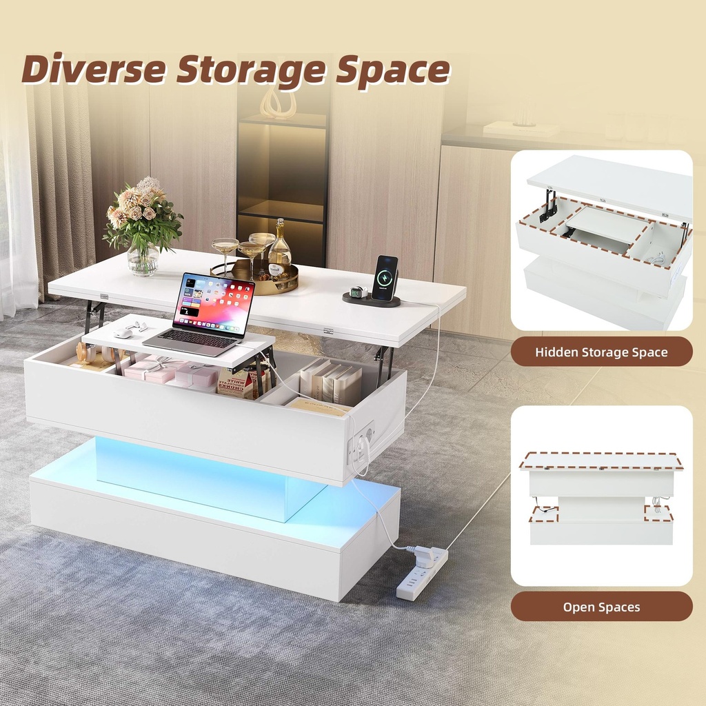 Multifunctional White Coffee Table with Integral Power Outlet, 100L x 50W x 51.5H cm, White - Photo 6