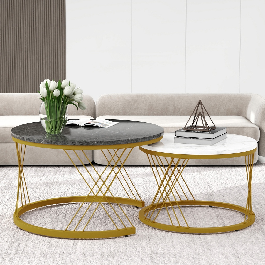 Set of 2 Modern Nesting Marble Coffee Tables with Metal Frame, Grey - Photo 4