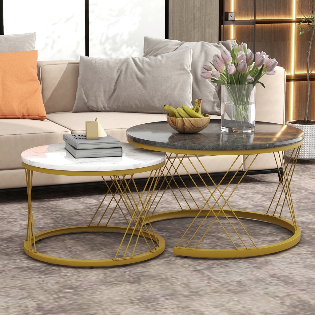 Set of 2 Modern Nesting Marble Coffee Tables with Metal Frame, Grey - Photo 5