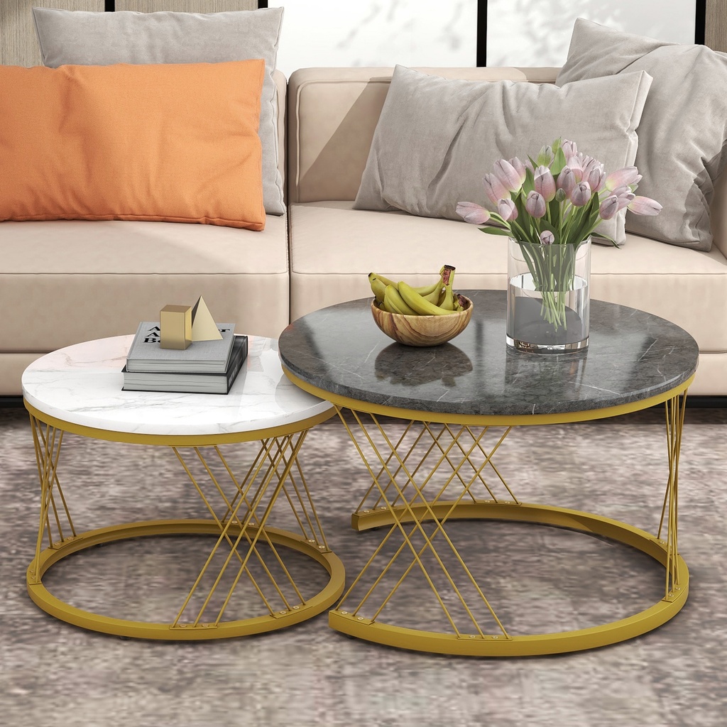 Set of 2 Modern Nesting Marble Coffee Tables with Metal Frame, Grey - Photo 6
