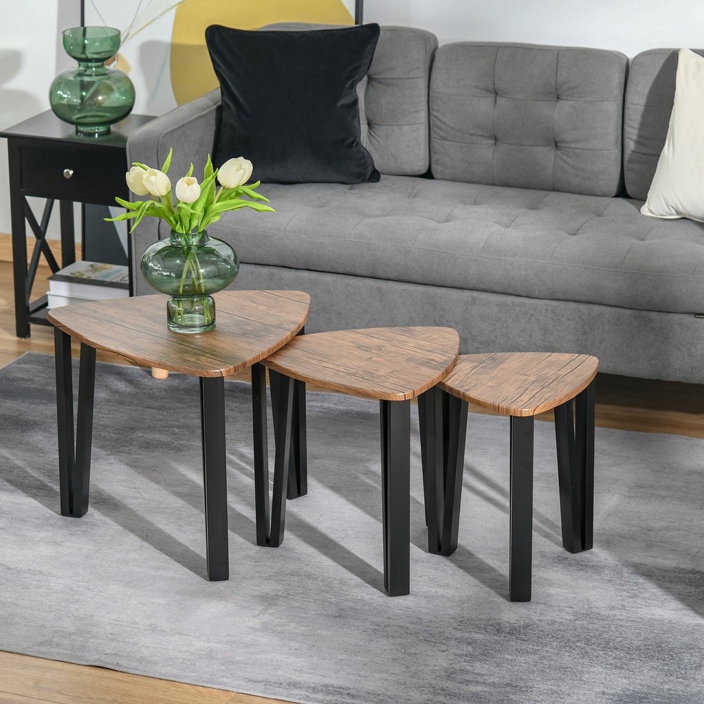 HOMCOM Nest of 3 Triangle Tables Metal Legs Walnut Wood Grain - Photo 2