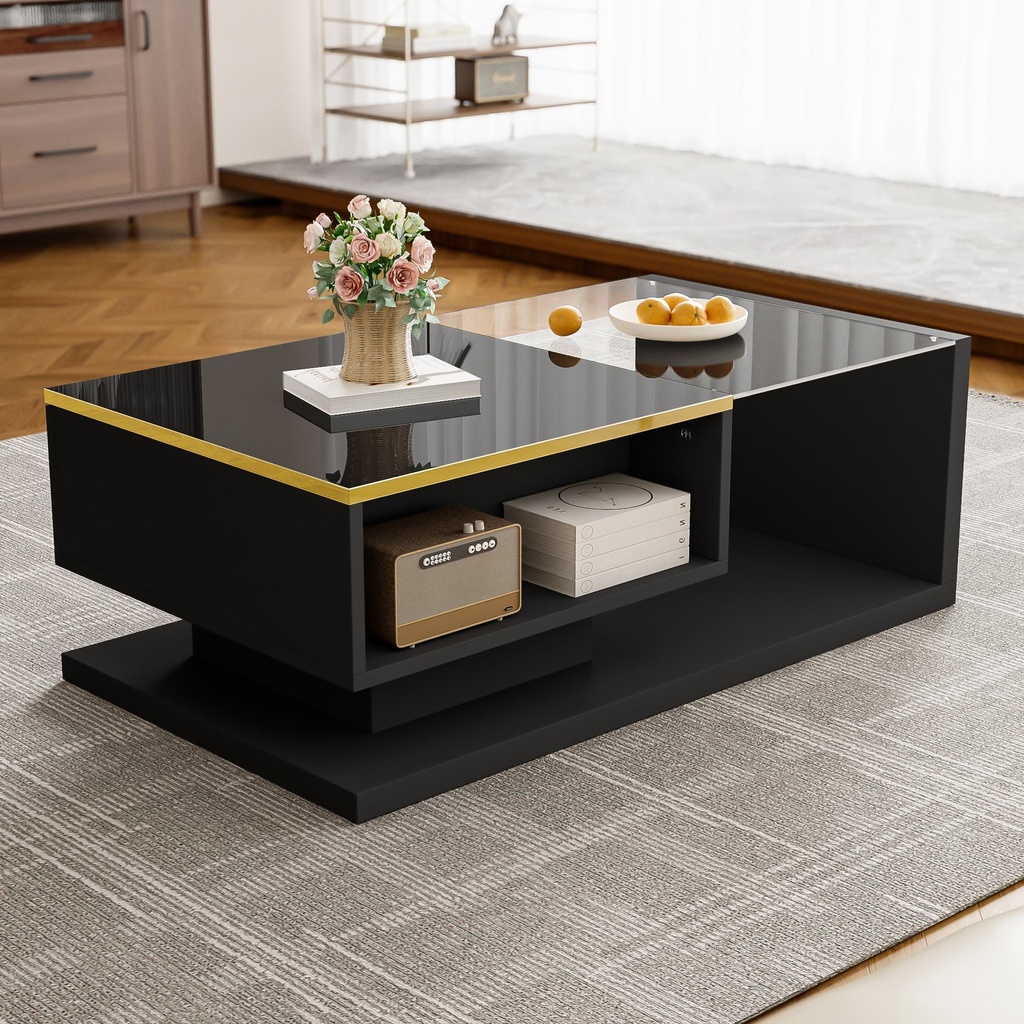 High-Gloss Black Coffee Table with Tempered Glass Top and LED Lighting, Black - Photo 5