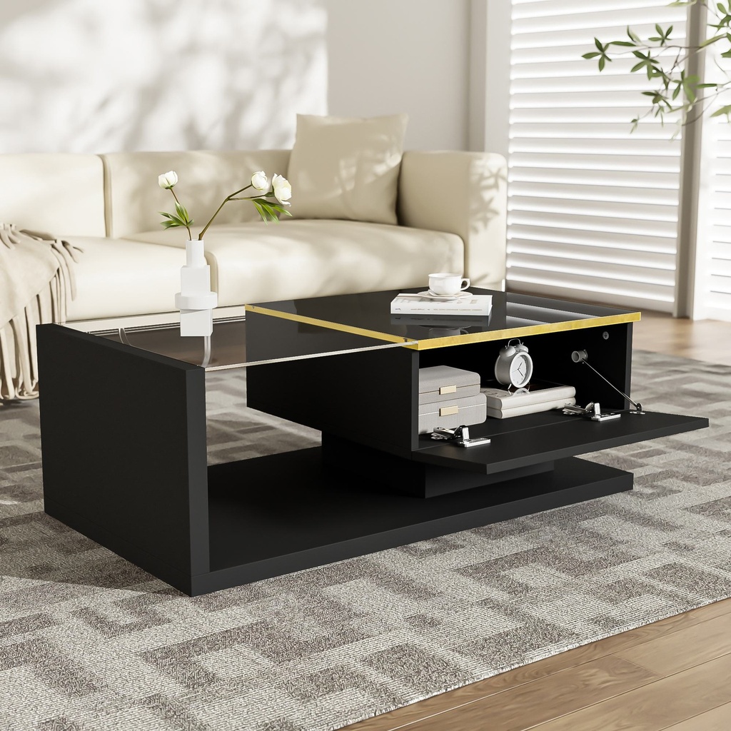 High-Gloss Black Coffee Table with Tempered Glass Top and LED Lighting, Black - Photo 6