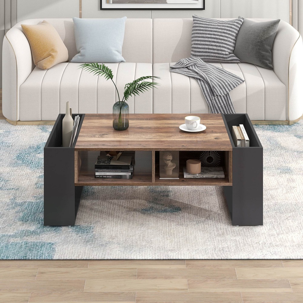 Wood Coffee Table with Handleless Drawer and Double-Sided Storage, Black+Gray - Photo 4