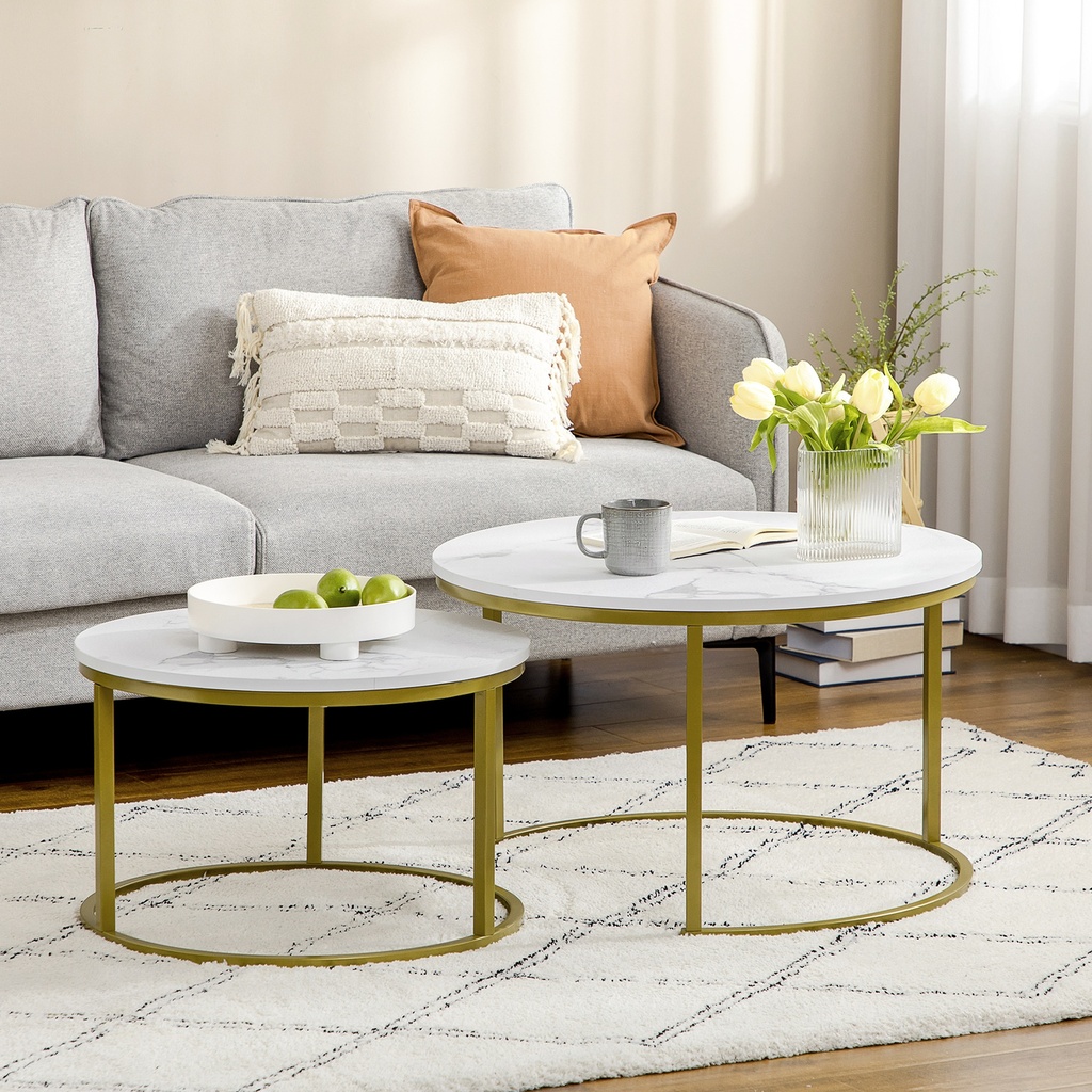 HOMCOM Round Nesting Tables Faux Marble Metal Frame White - Photo 2