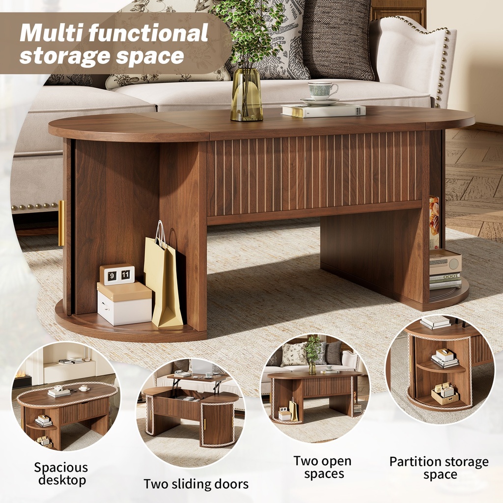 Modern Height-Adjustable Coffee Table with Lift-Top Design, 100L x 50W x 40.5H cm, Walnut - Photo 4
