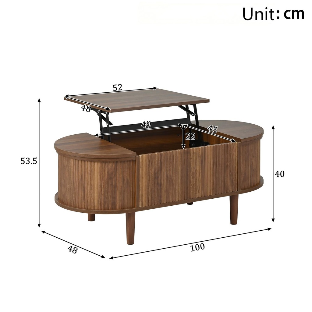 Vintage-Style Oval Coffee Table with Lift-Top and Storage, 100L x 48W x 53.5H cm, Walnut - Photo 3