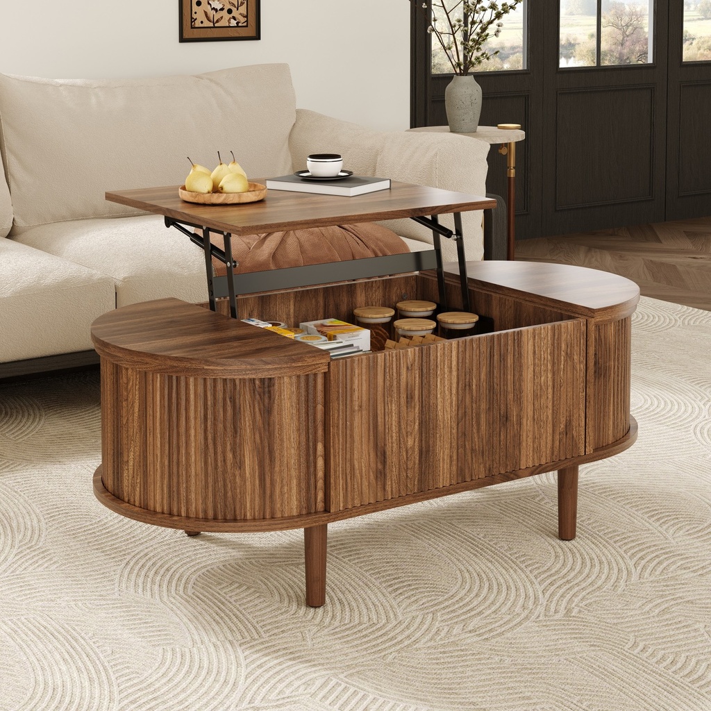 Vintage-Style Oval Coffee Table with Lift-Top and Storage, 100L x 48W x 53.5H cm, Walnut - Photo 4