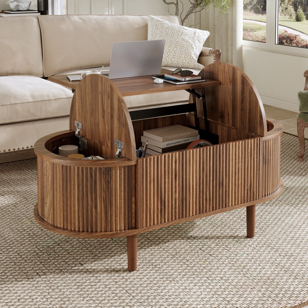 Vintage-Style Oval Coffee Table with Lift-Top and Storage, 100L x 48W x 53.5H cm, Walnut - Photo 5