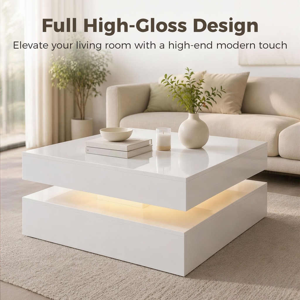 HOMCOM LED Coffee Table 2-Tier Storage High Gloss White - Photo 5