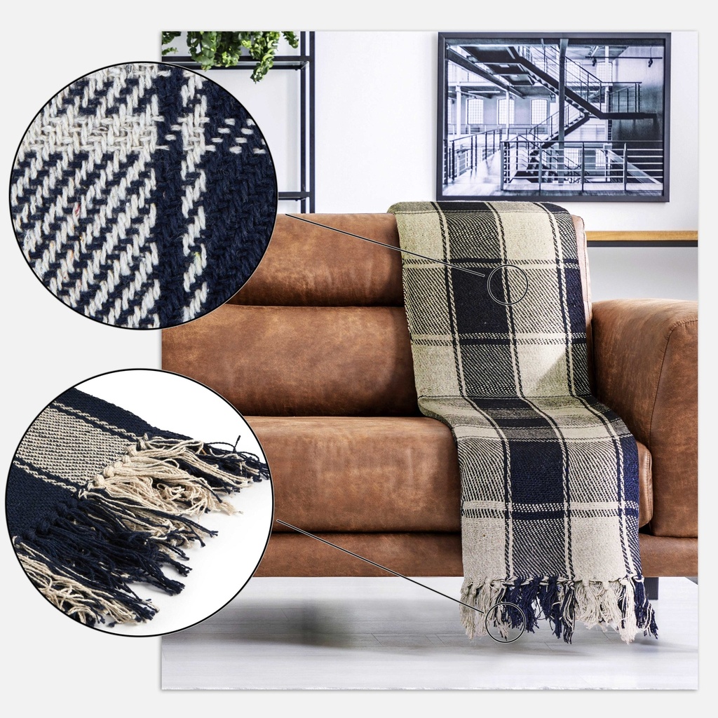 Comfy Check - Recycled Cotton Throw in Navy Blue - Image 3