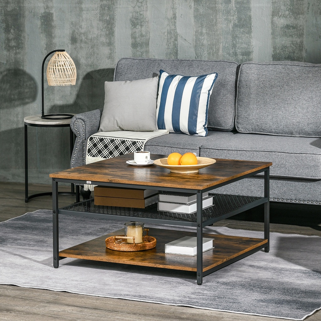 HOMCOM Coffee Table Rustic Brown 3-Tier Storage Shelves - Photo 2
