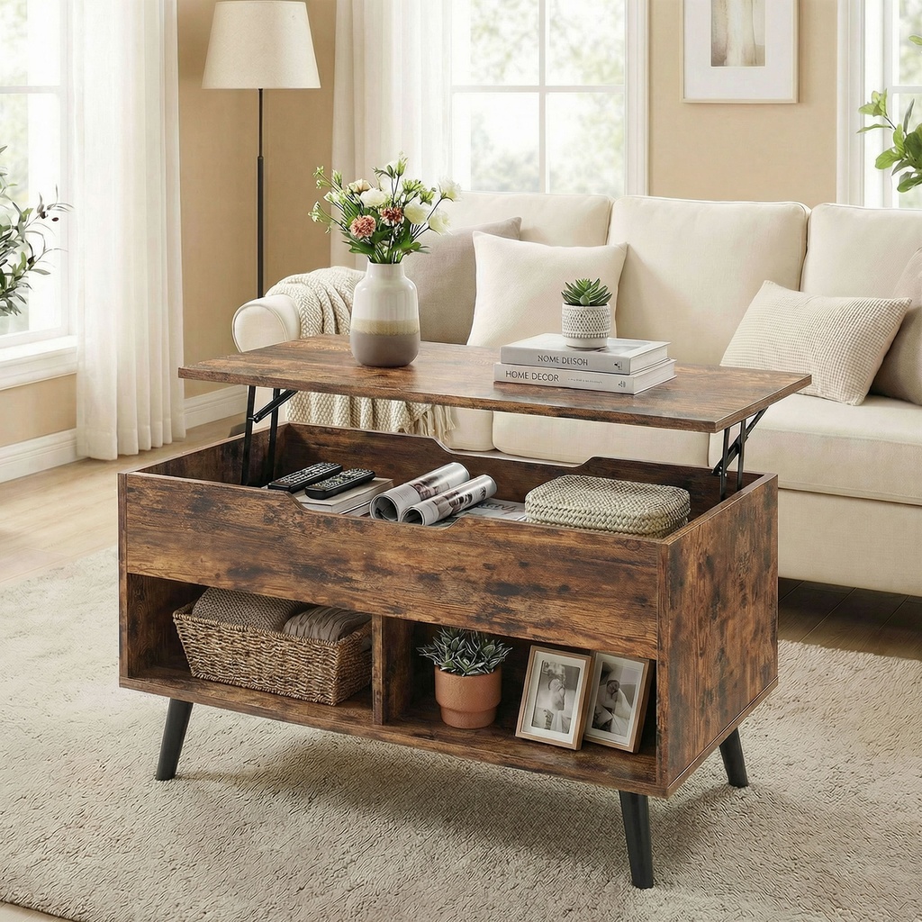 HOMCOM Lift Top Coffee Table Hidden Storage 75cm Rustic Brown - Photo 2