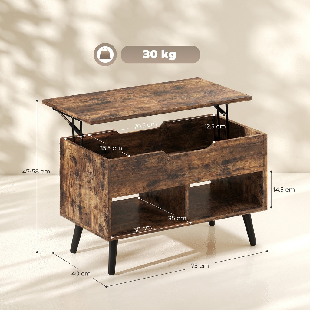 HOMCOM Lift Top Coffee Table Hidden Storage 75cm Rustic Brown - Photo 3